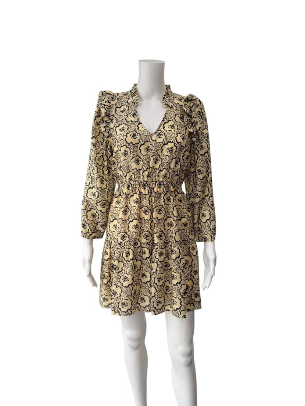 ba&sh Yellow Black Floral Mini Ruffle Grazi Creme Dress size XS/2
